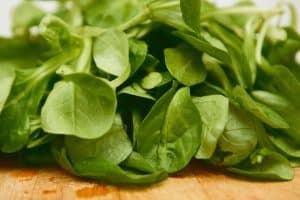 green leaves on brown wooden table, spinach